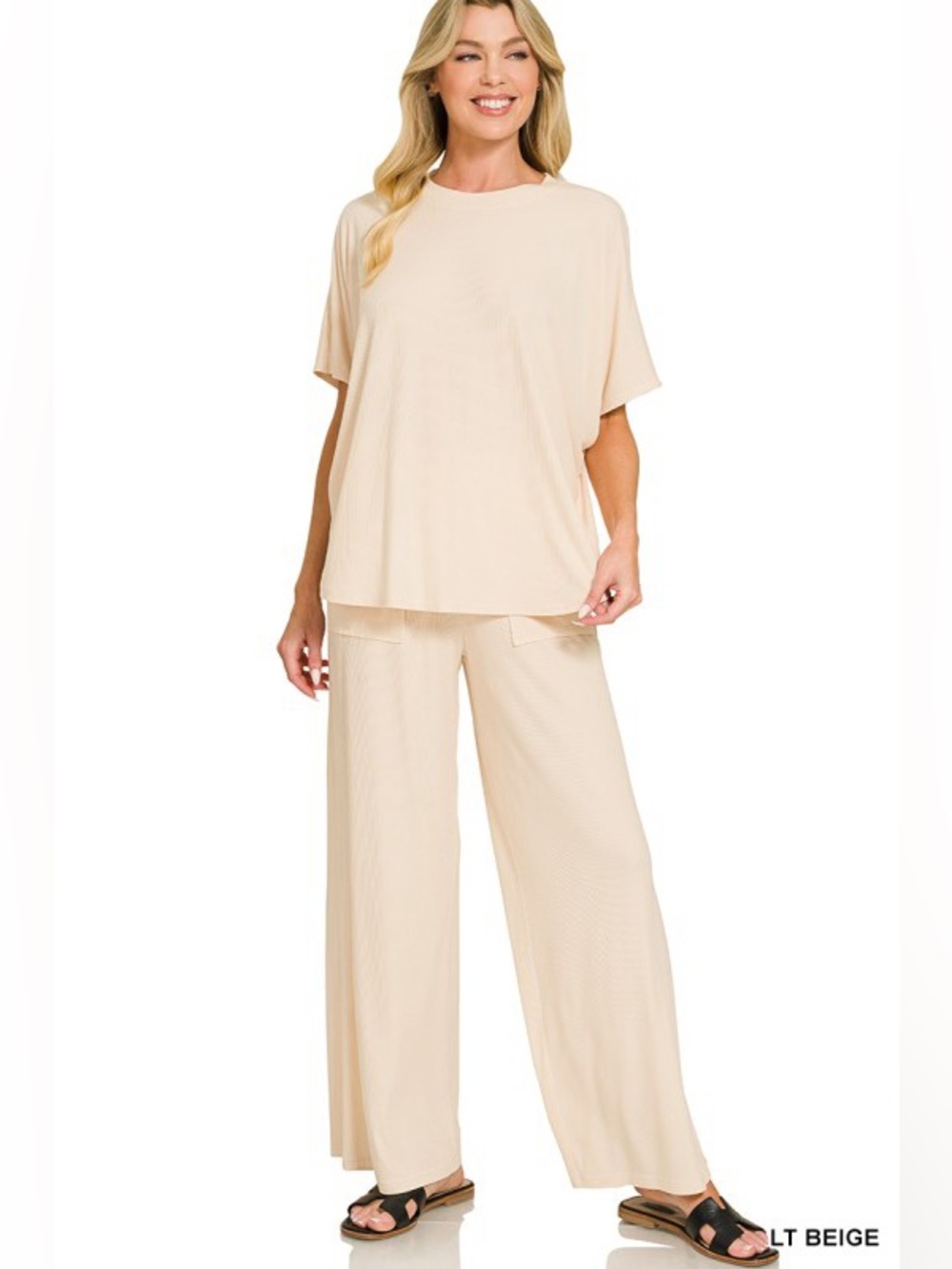 Zenana Light Beige Ribbed Rayon Relaxed Fit Top and Pants Set